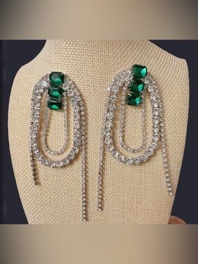 Sohi Silver-Plated Statement Earrings with Emerald Green Stones & Crystal Drapes